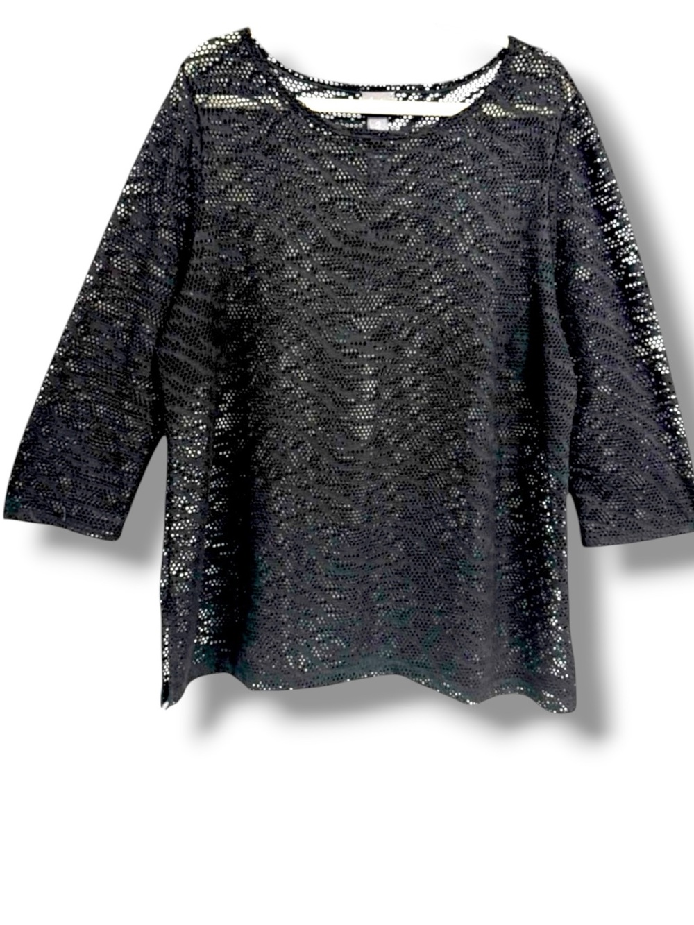 Chicos Travelers Sheer Lace Mesh Top Black 3/4 Sleeve Stretch Size/2 L12-14